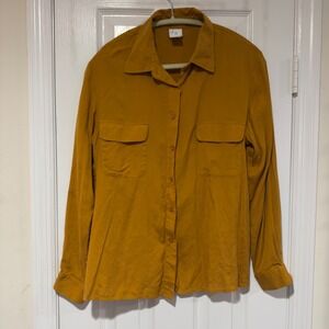 Ship 'n Shore‎ 100% Silk Button Up Shirt Mustard Yellow Pocket Blouse Size L